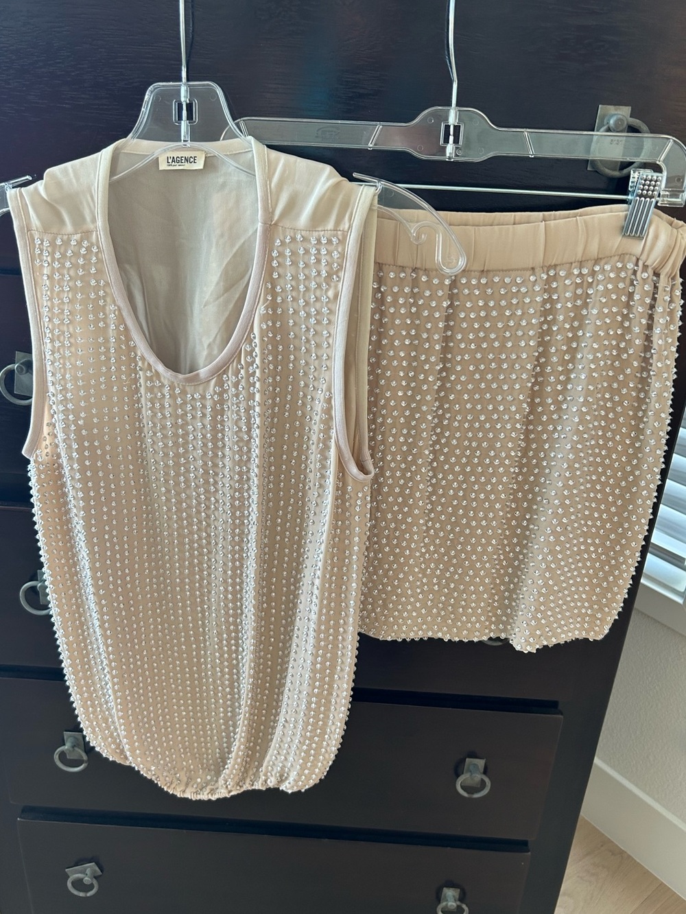 L’AGENCE Beaded Top & Mini Skirt Size Medium. Champagne color. So cute.